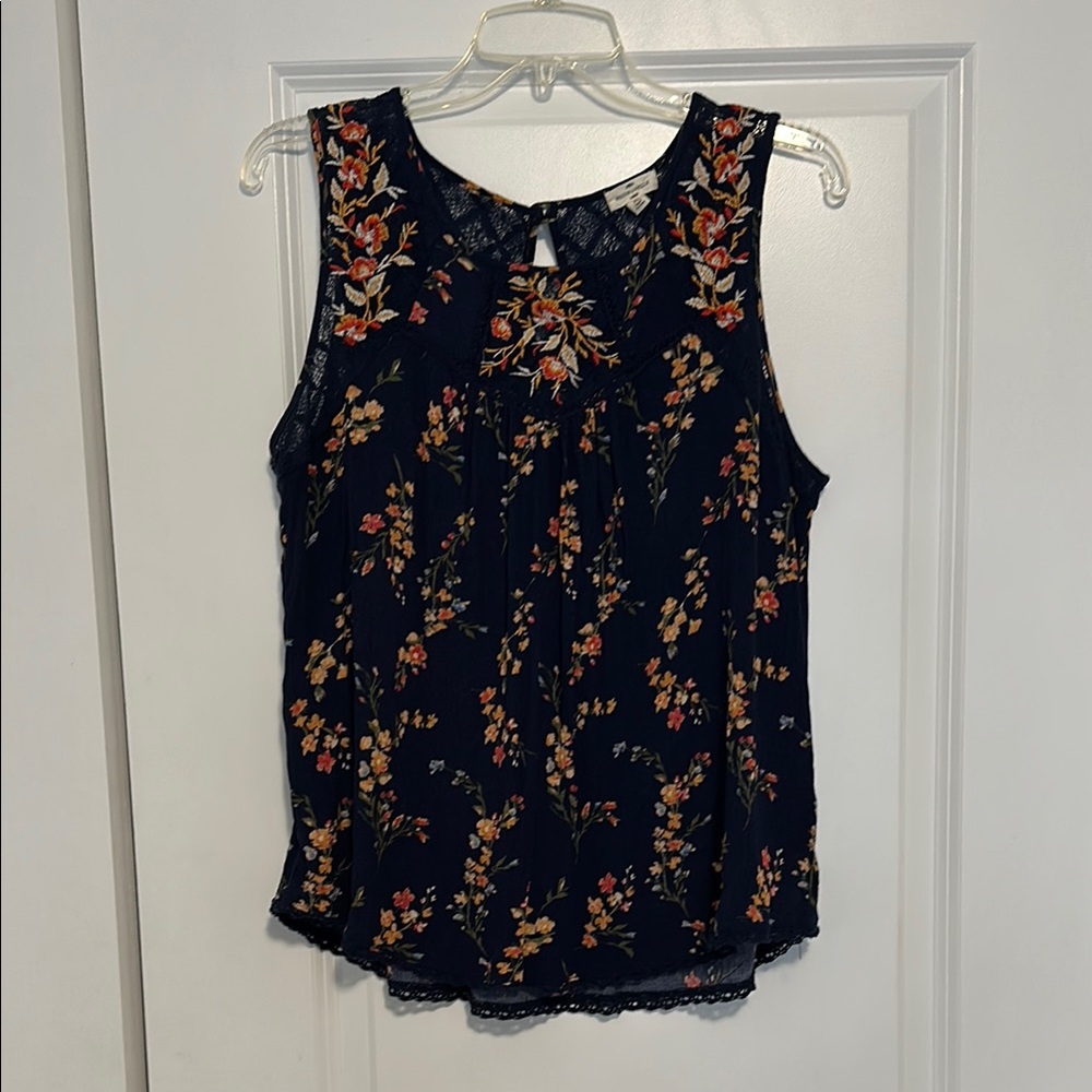 Blue Floral Tank Top with Embellishments